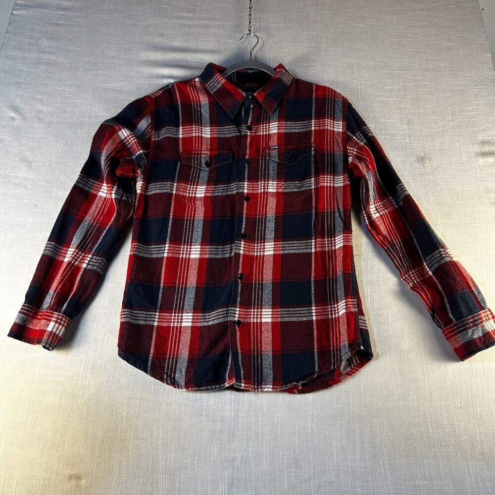 Hurley Shirt Men Small Blue/Red/White Plaid Flannel Button Up Long Sleeve Pocket